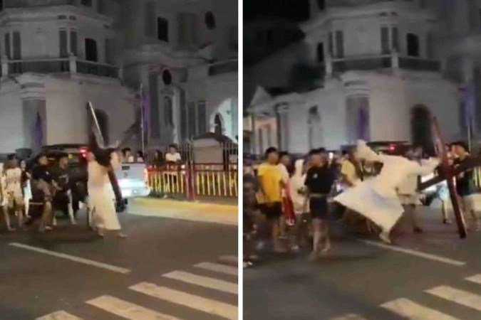 'Jesus' perde a paciência com espectador durante encenação - (crédito: Reprodução / redes sociais) 'Jesus' perde a paciência com espectador durante encenação - (crédito: Reprodução / redes sociais)