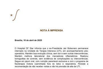 De acordo com a equipe médica que o acompanha, Bolsonaro demonstrou "boa evolução clínica, sem dor e sem outras intercorrências. Mantém melhora laboratorial dos marcadores inflamatórios. Realizou tomografias de controle, sem evidência de complicações ou intercorrências" De acordo com a equipe médica que o acompanha, Bolsonaro demonstrou "boa evolução clínica, sem dor e sem outras intercorrências. Mantém melhora laboratorial dos marcadores inflamatórios. Realizou tomografias de controle, sem evidência de complicações ou intercorrências"