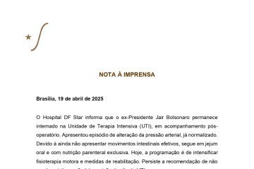 Novo boletim de Jair Bolsonaro afirma que o ex-presidente teve episódio de alteração de pressão e os movimentos intestinais ainda não foram regularizados  Novo boletim de Jair Bolsonaro afirma que o ex-presidente teve episódio de alteração de pressão e os movimentos intestinais ainda não foram regularizados