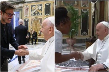 Fábio Porchat e Cacau Protásio se encontraram com o papa Francisco no ano passado -  (crédito: Reprodução/Instagram/@fabioporchat e @cacauprotasiooficial)
