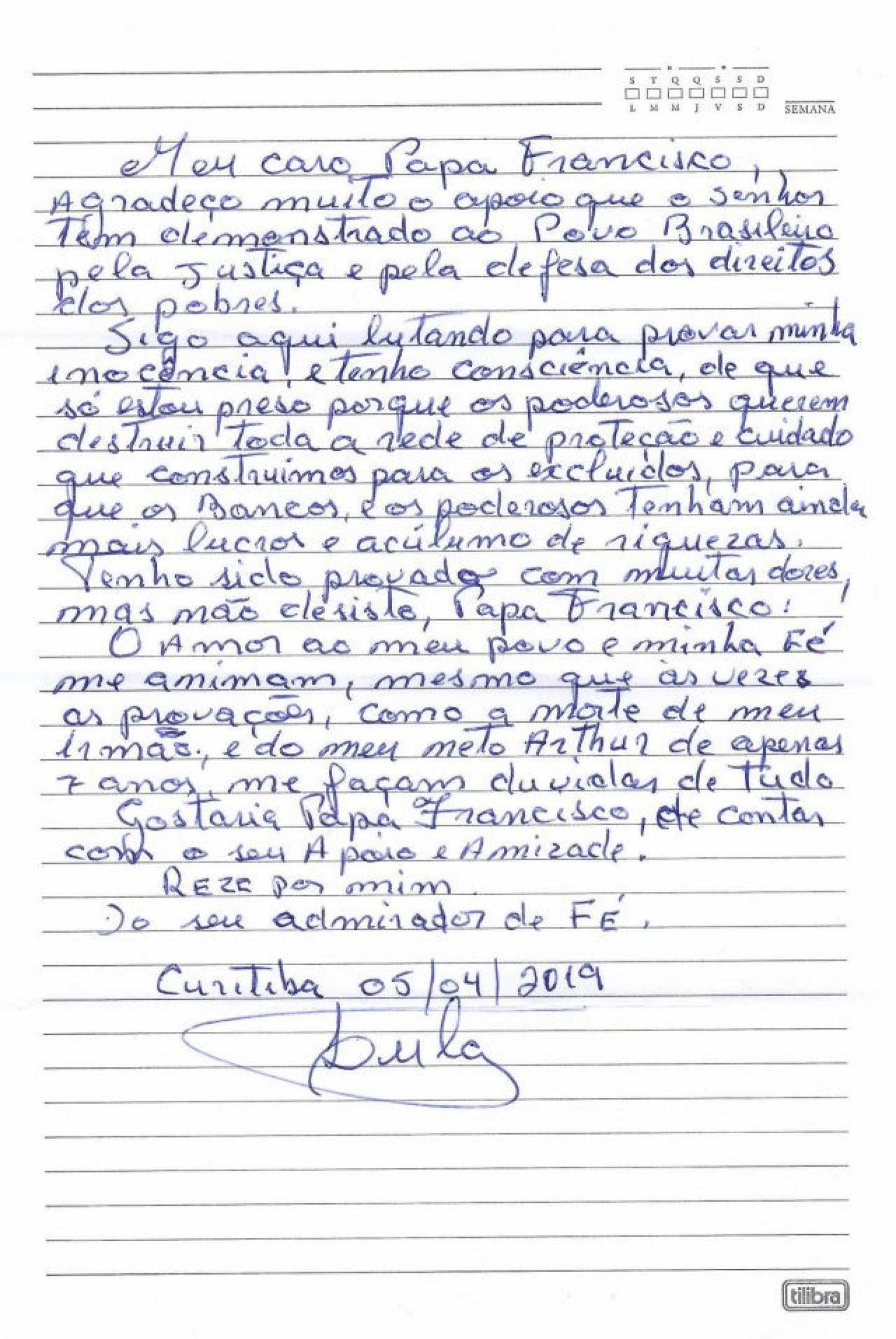 Carta de Lula ao papa Francisco