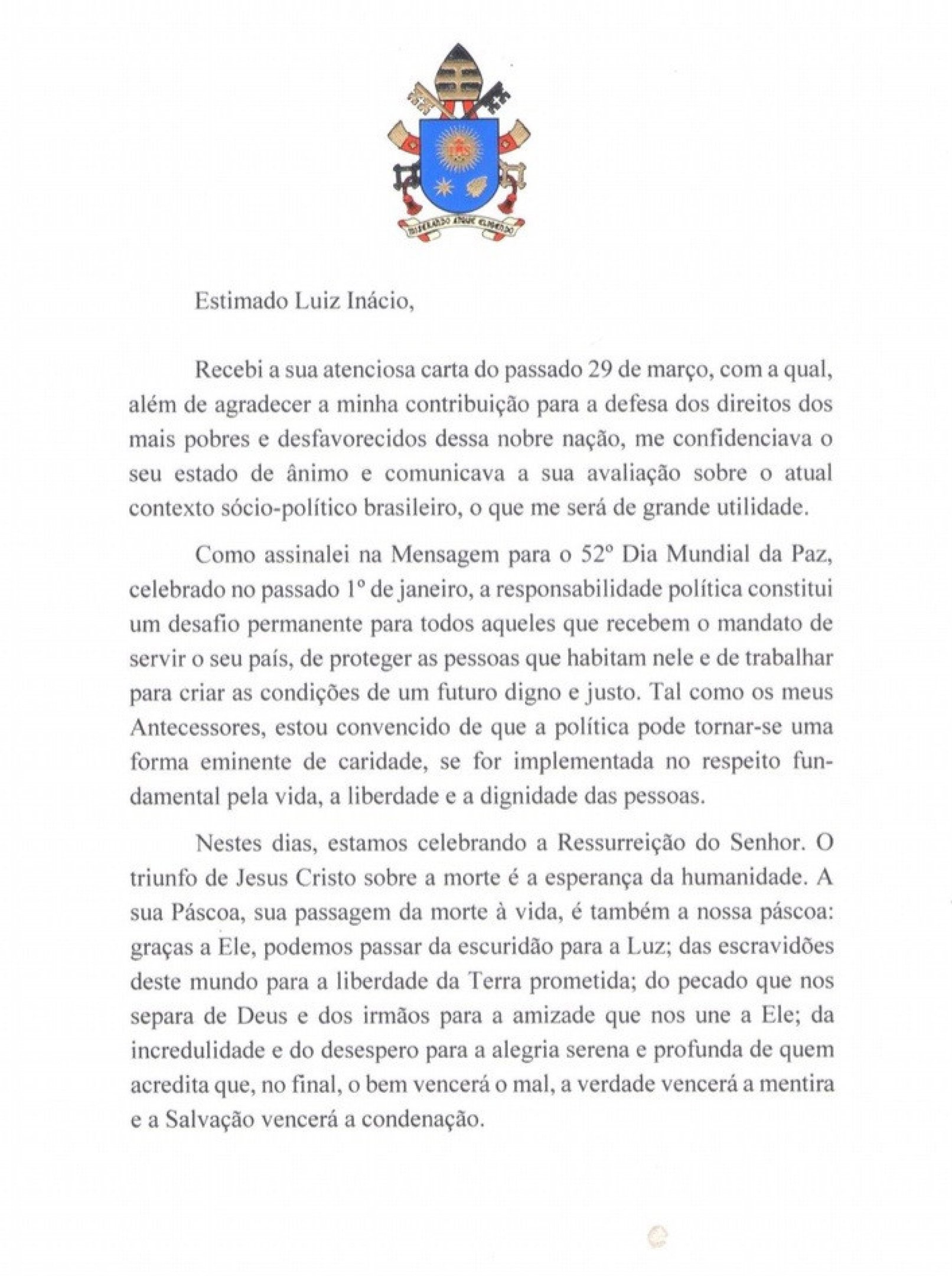Carta do papa Francisco a Luiz Inácio Lula da Silva