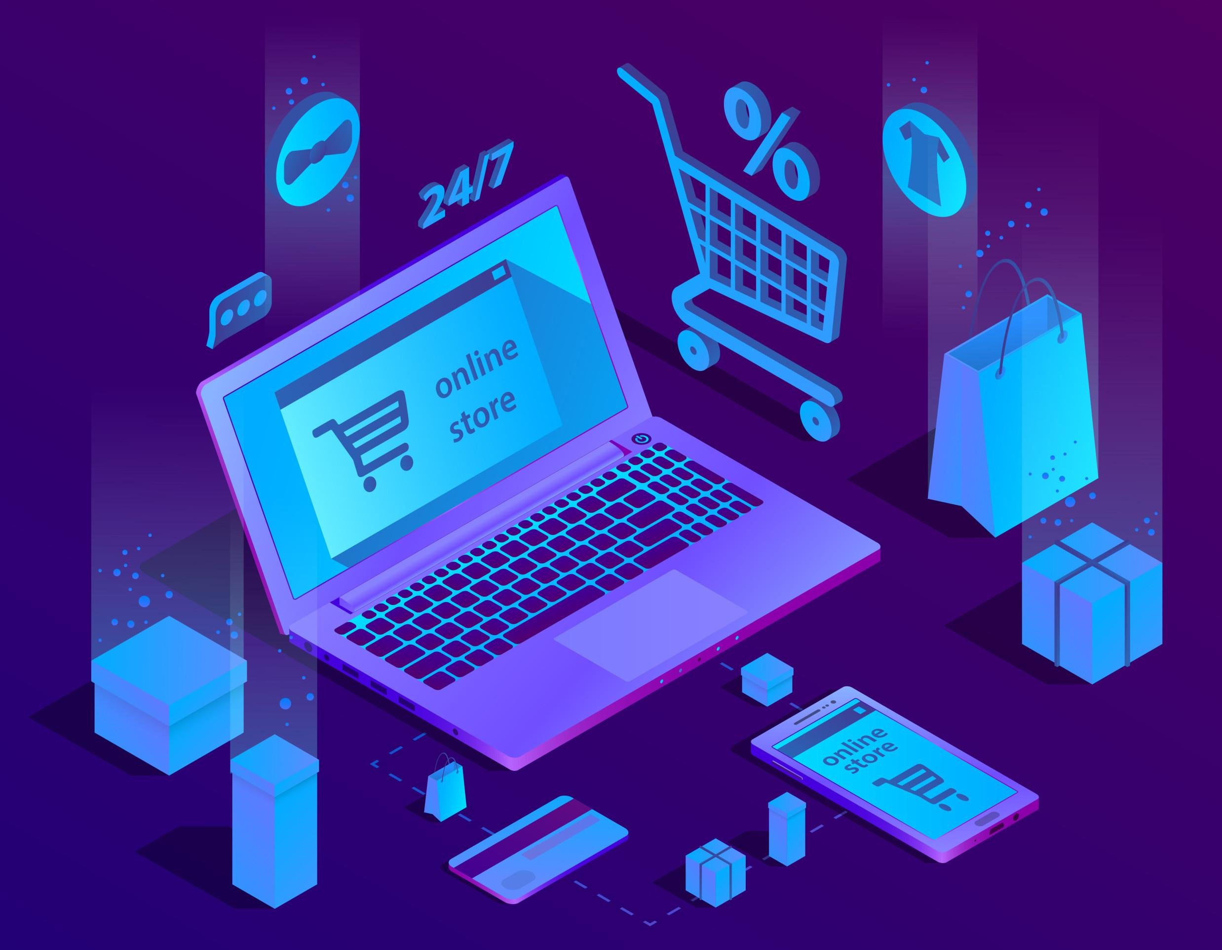  Vector 3d isometric concept of e-commerce, online store. Shopping service, payment by smartphone or laptop and delivery. Illustration in purple, ultraviolet colors.
     -  (crédito: DINO)