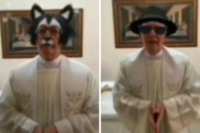 Padre Luiz César Moraes acionou filtros durante celebração virtual e divertiu a web, em 2020 - (crédito: Reprodução / Redes sociais) Padre Luiz César Moraes acionou filtros durante celebração virtual e divertiu a web, em 2020 - (crédito: Reprodução / Redes sociais)