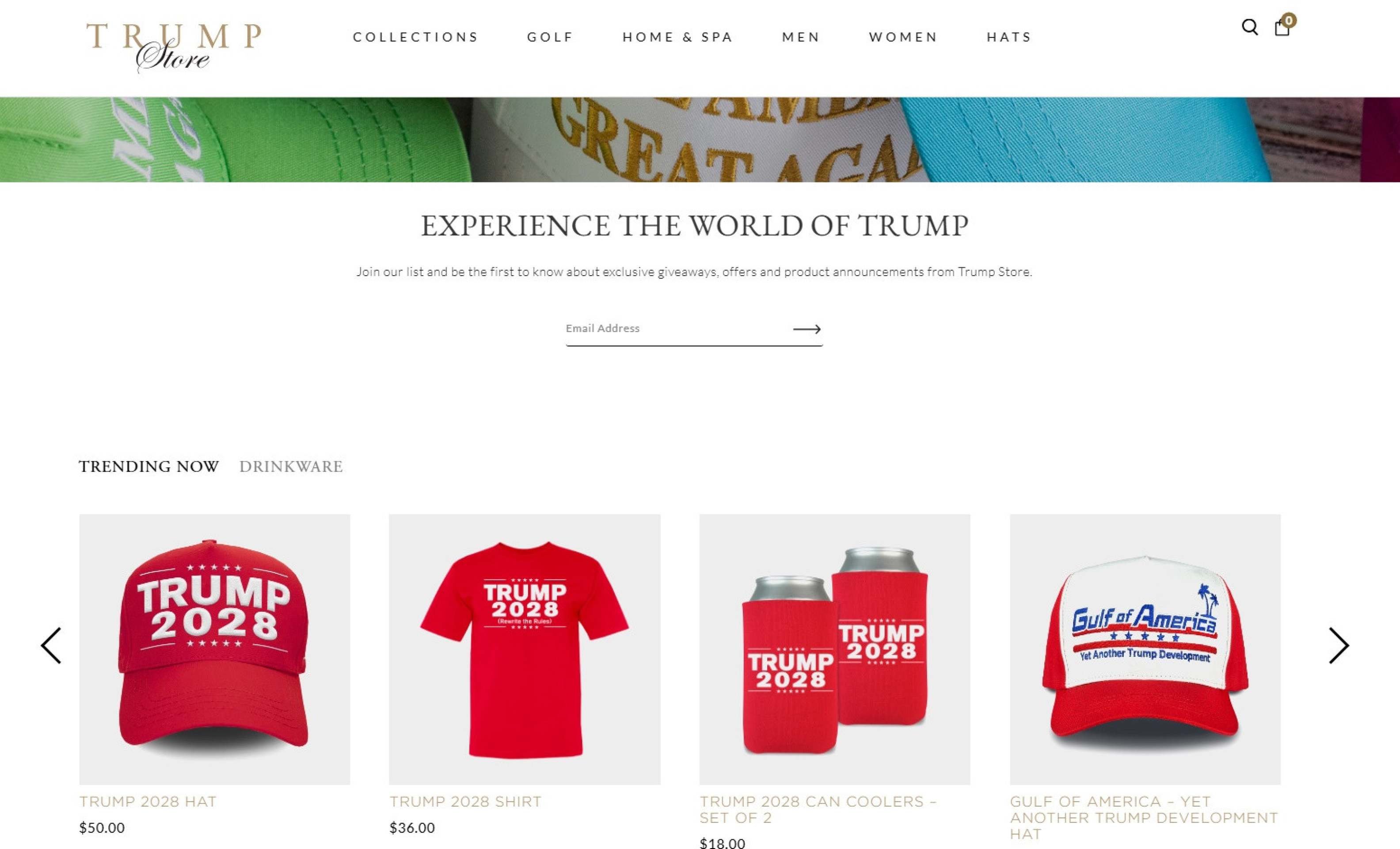 Página inicial do site Trump Store, loja virtual de varejo das Organizações Trump