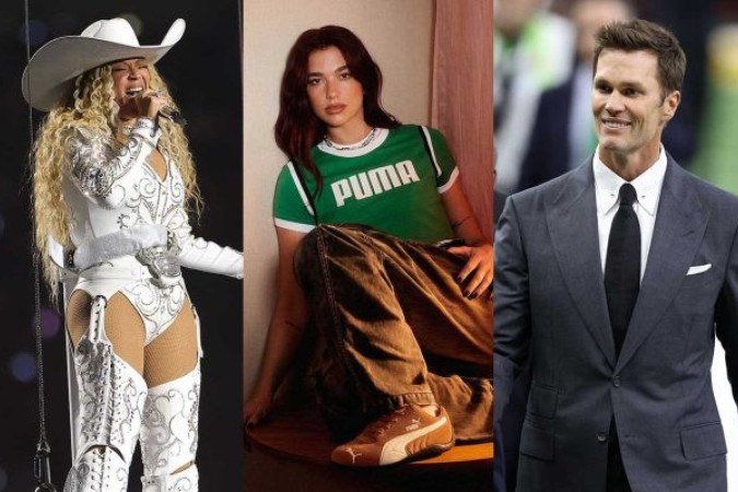 Beyoncé, Dua Lipa e Tom Brady - (crédito: Reprodução / Redes sociais e Emilee Chinn / Getty Images) Beyoncé, Dua Lipa e Tom Brady - (crédito: Reprodução / Redes sociais e Emilee Chinn / Getty Images)