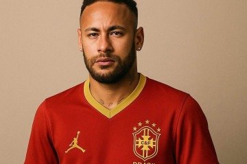 Imagens feitas com inteligência artificial simularam como jogadores da Seleção, como Neymar, com a blusa vermelha: outra mudança prevista é a troca do símbolo da Nike pela nova marca da empresa, a Jordan -  (crédito: Reprodução/Redes sociais)