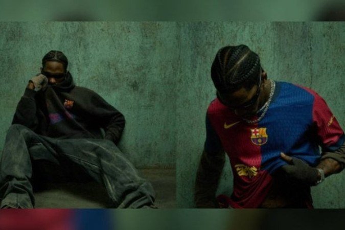 Travis Scott posa como patrocinador do Barcelona - (crédito: Foto: Divulgação) Travis Scott posa como patrocinador do Barcelona - (crédito: Foto: Divulgação)