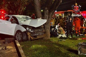 O carro bateu de frente em uma árvore do canteiro central da via - (crédito: CBMDF/Reprodução) O carro bateu de frente em uma árvore do canteiro central da via - (crédito: CBMDF/Reprodução)