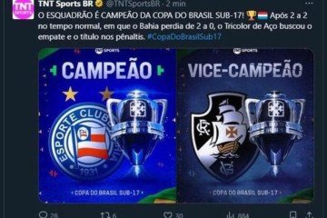 Vasco venceu o Bahia e conquistou o título da Copa do Brasil Sub-17, mas a TNT Sports errou a publicação -  (crédito: - Foto: Reprodução/TNT Sports)