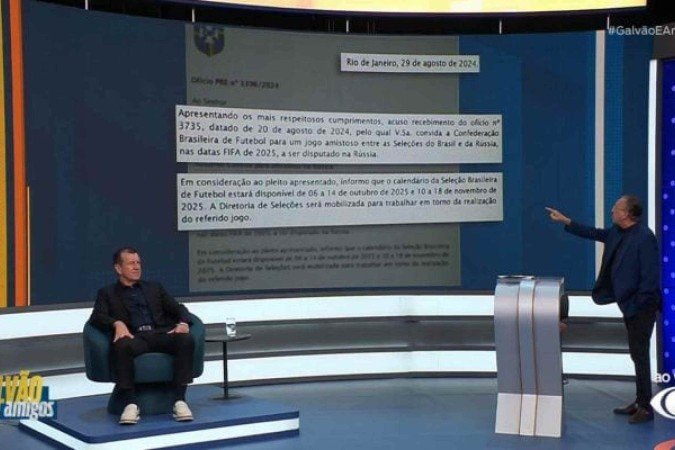 Galvão Bueno mostra convite aceito de Ednaldo Rodrigues, presidente da CBF - (crédito: Reprodução / TV Band) Galvão Bueno mostra convite aceito de Ednaldo Rodrigues, presidente da CBF - (crédito: Reprodução / TV Band)