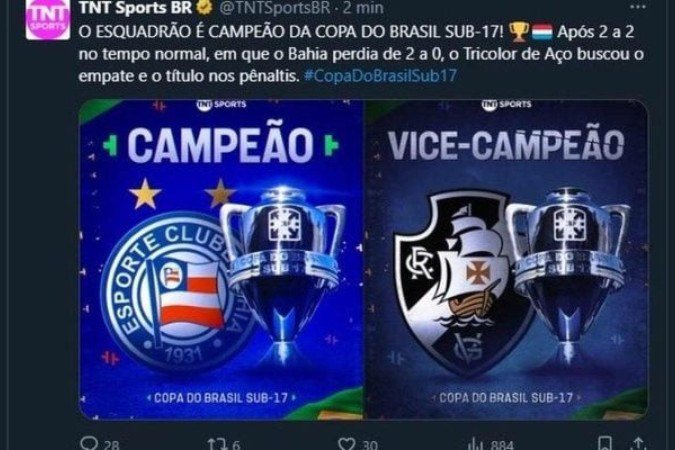 Vasco venceu o Bahia e conquistou o título da Copa do Brasil Sub-17, mas a TNT Sports errou a publicação - (crédito: - Foto: Reprodução/TNT Sports) Vasco venceu o Bahia e conquistou o título da Copa do Brasil Sub-17, mas a TNT Sports errou a publicação - (crédito: - Foto: Reprodução/TNT Sports)