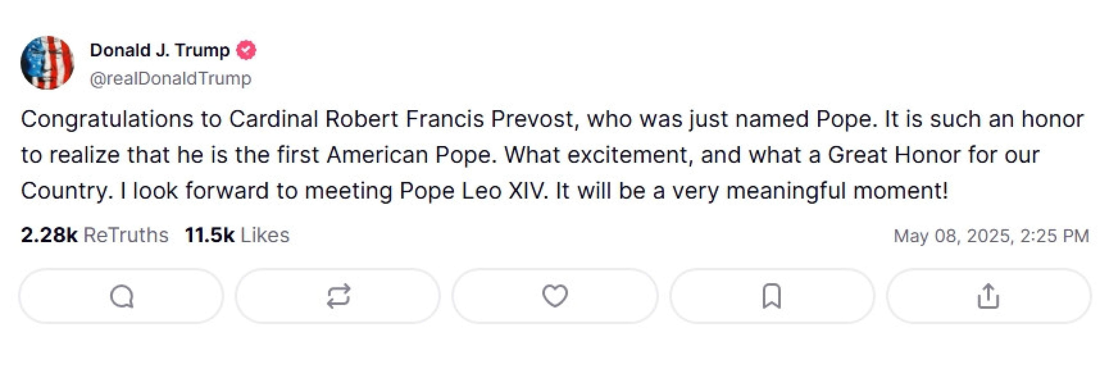 Trump parabeniza primeiro papa americano