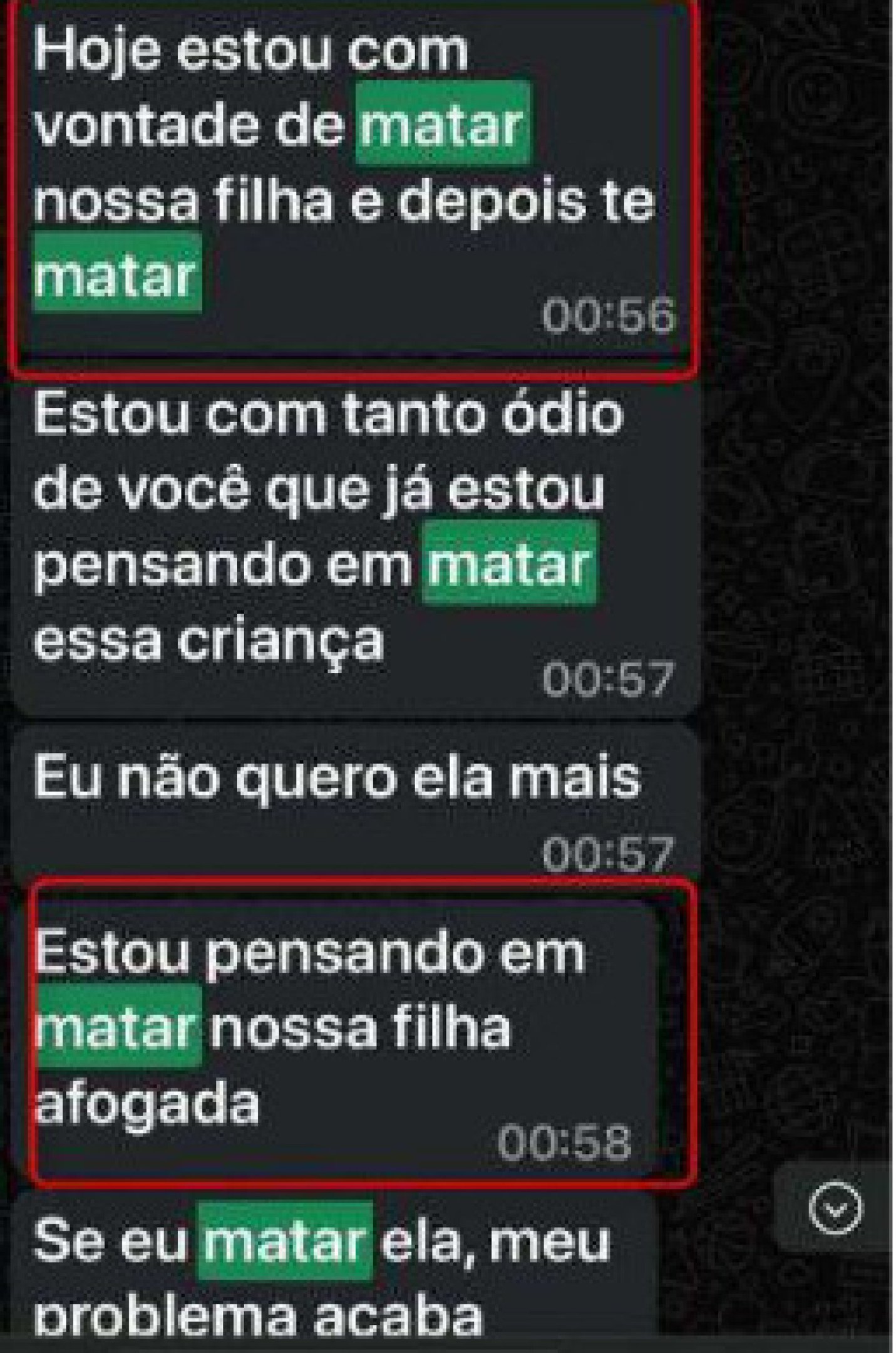 Troca de mensagens entre pai e mãe aponta que mulher, de 28 anos, torturou e ameaçou matar a filha de apenas 1 ano