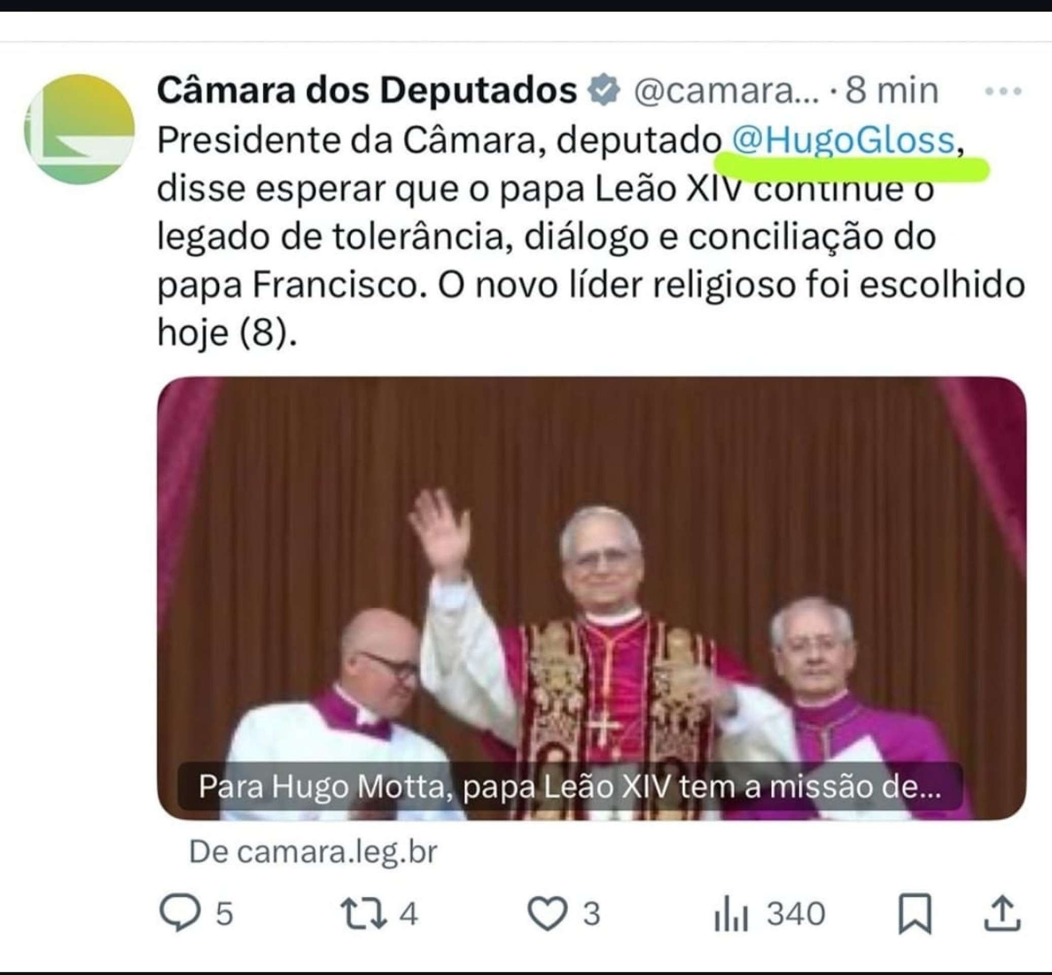 Perfil oficial da Câmara dos Deputados no X confunde nomes de usuários de Hugo Motta, presidente da Casa, e Hugo Gloss, jornalista e influenciador