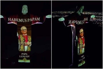 A imagem sorridente do Santo Padre, acompanhada da frase 'habemus papam' e do brasão de São Pedro, foi projetada sobre o monumento -  (crédito: Reprodução/Instagram/@cristoredentoroficial)