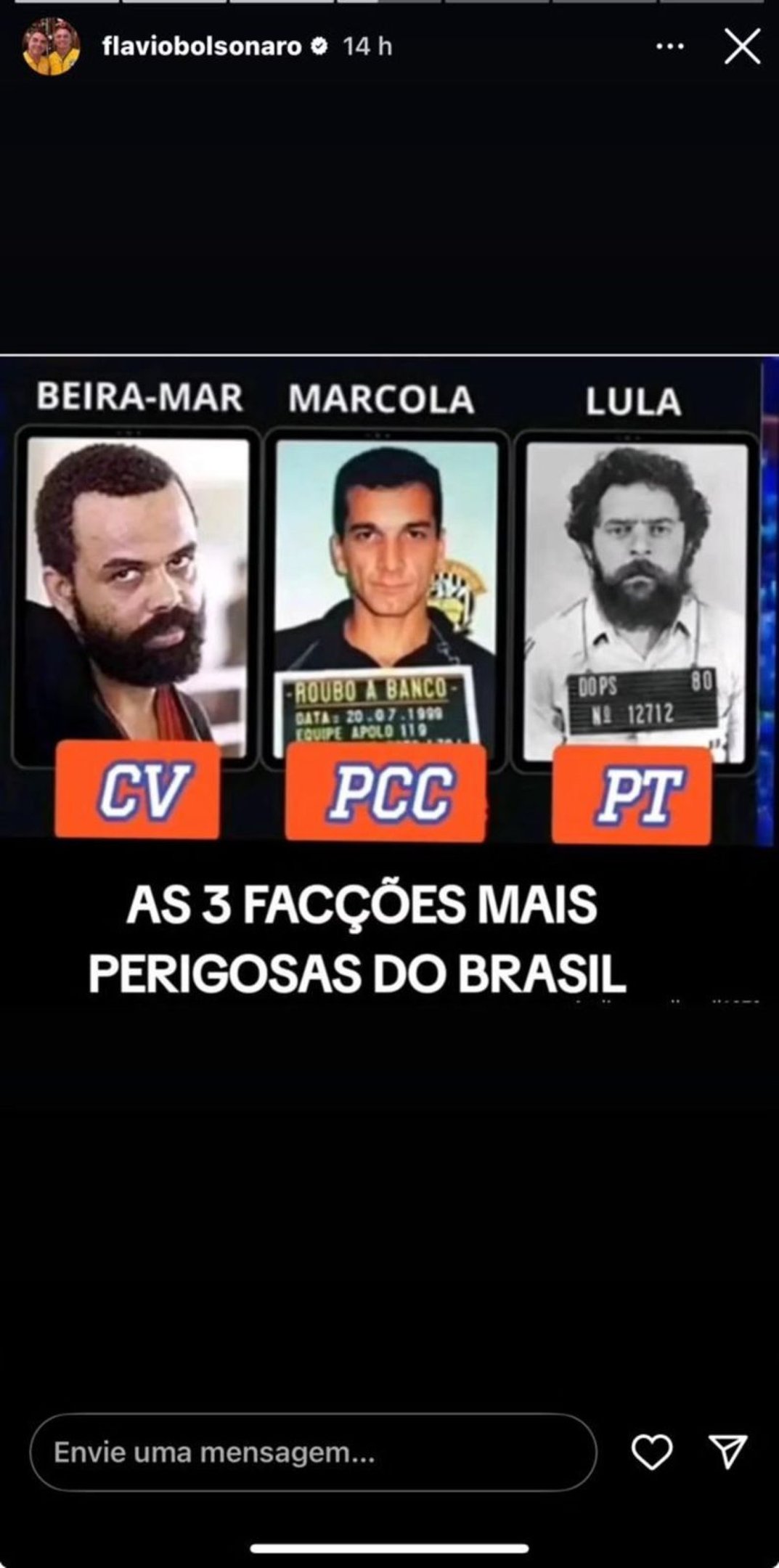 Montagem em que Flávio Bolsonaro compara o presidente Lula a chefes das facções PCC e CV 