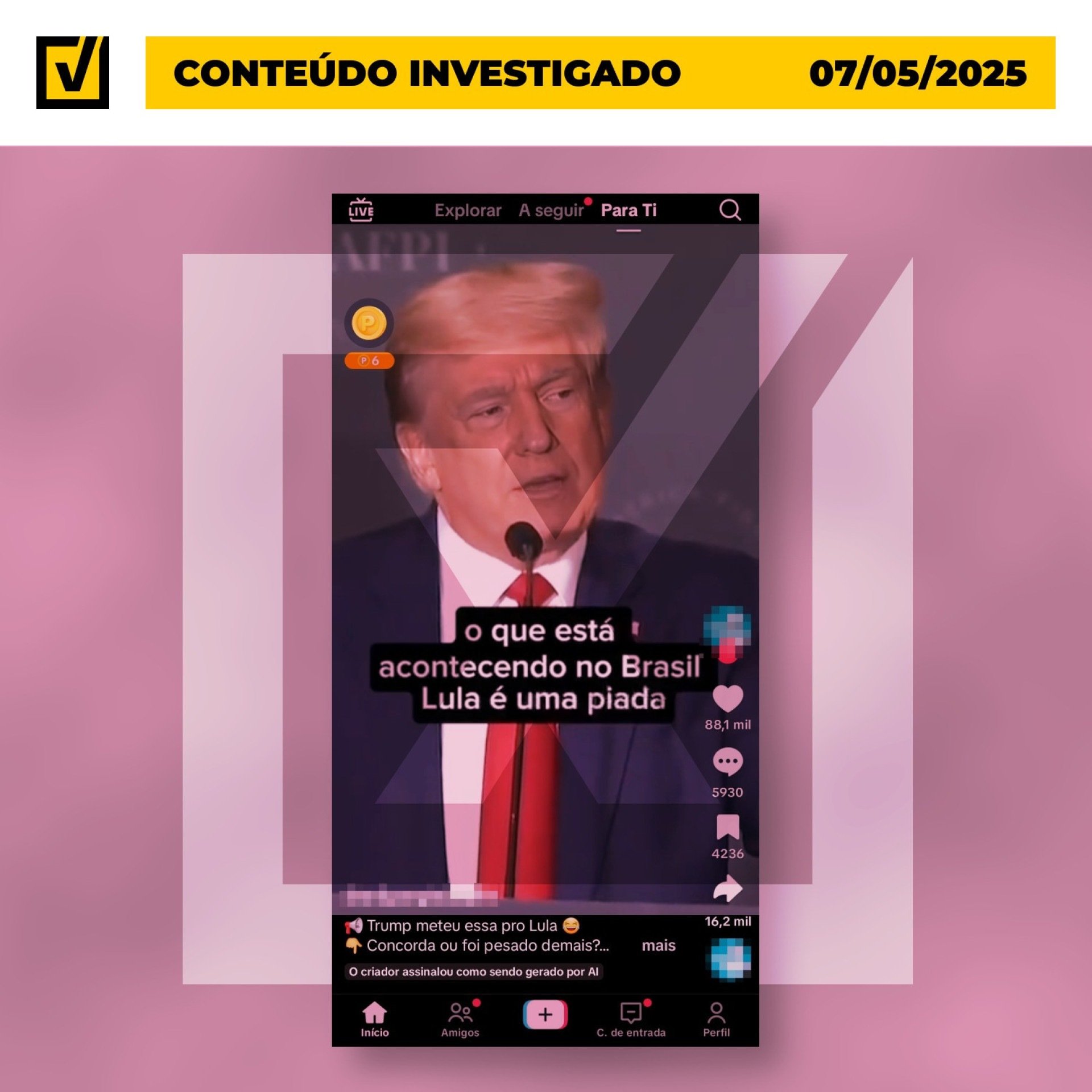 Post que mostra o presidente dos Estados Unidos, Donald Trump, falando sobre o Brasil e a gestão do presidente Lula (PT) - (crédito: Reprodução/Comprova ) Post que mostra o presidente dos Estados Unidos, Donald Trump, falando sobre o Brasil e a gestão do presidente Lula (PT) - (crédito: Reprodução/Comprova )
