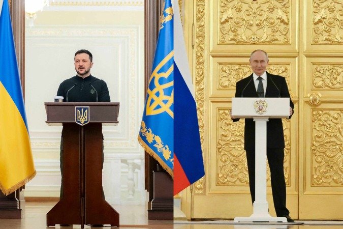 Esta montagem de fotos de arquivo criada em 12 de maio de 2025 mostra os presidentes Volodymyr Zelensky e Vladimir Putin - (crédito: Handout, KRISTINA KORMILITSYNA / POOL / UKRAINIAN PRESIDENTIAL PRESS SERVICE / AFP) Esta montagem de fotos de arquivo criada em 12 de maio de 2025 mostra os presidentes Volodymyr Zelensky e Vladimir Putin - (crédito: Handout, KRISTINA KORMILITSYNA / POOL / UKRAINIAN PRESIDENTIAL PRESS SERVICE / AFP)