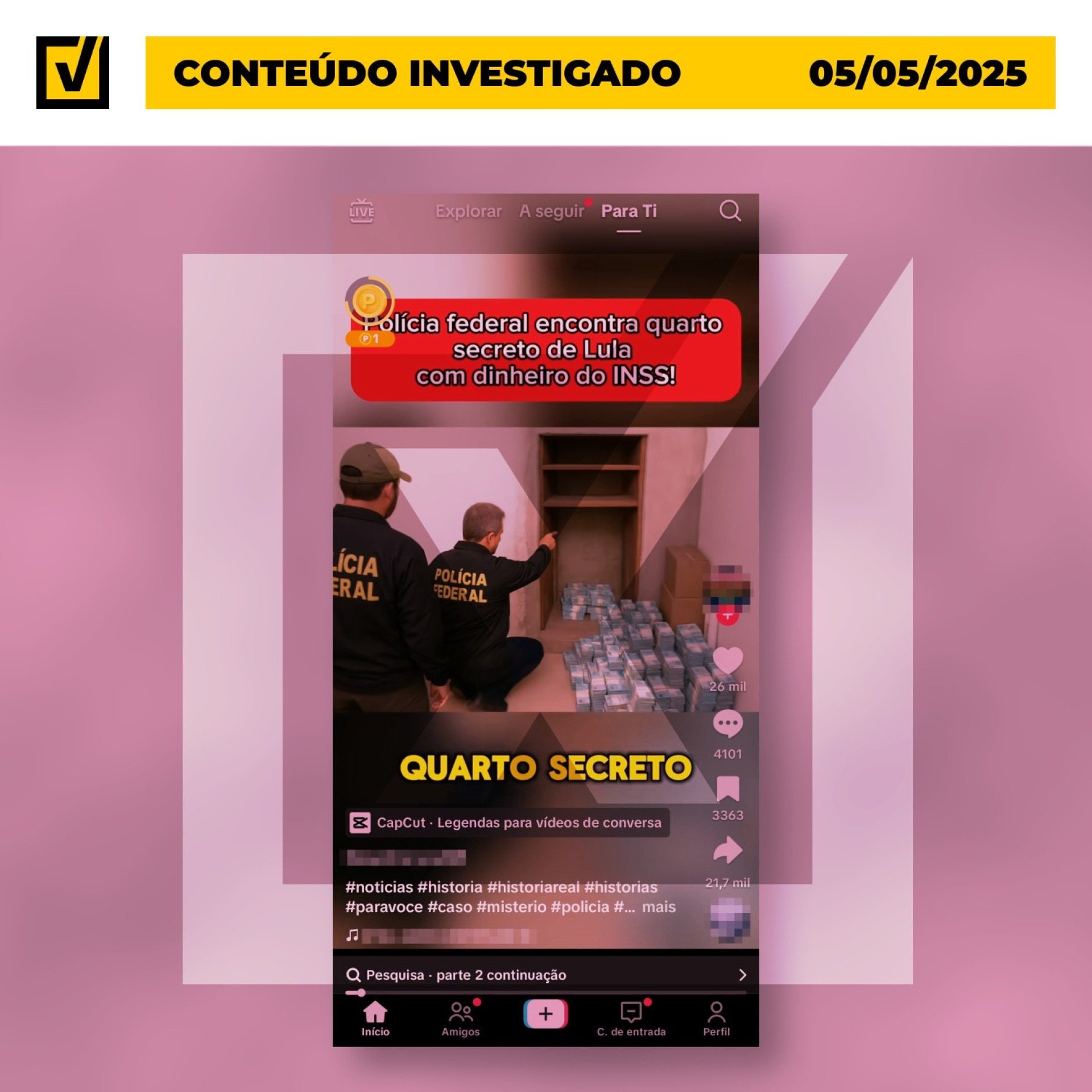 Não existiu operação que tenha apreendido dinheiro no quarto do presidente Luiz Inácio Lula da Silva (PT), como afirma um vídeo que circula nas redes sociais - (crédito: Reprodução/Comprova) Não existiu operação que tenha apreendido dinheiro no quarto do presidente Luiz Inácio Lula da Silva (PT), como afirma um vídeo que circula nas redes sociais - (crédito: Reprodução/Comprova)