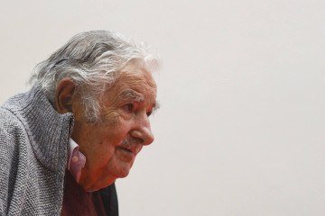  (FILES) Uruguayan former President Jose Mujica looks on during a press conference at the headquarters of the Movimiento de Participacion Popular (Movement of Popular Participation, MPP) party in Montevideo on April 29, 2024. Uruguay's former president (2010-2015) Jose 