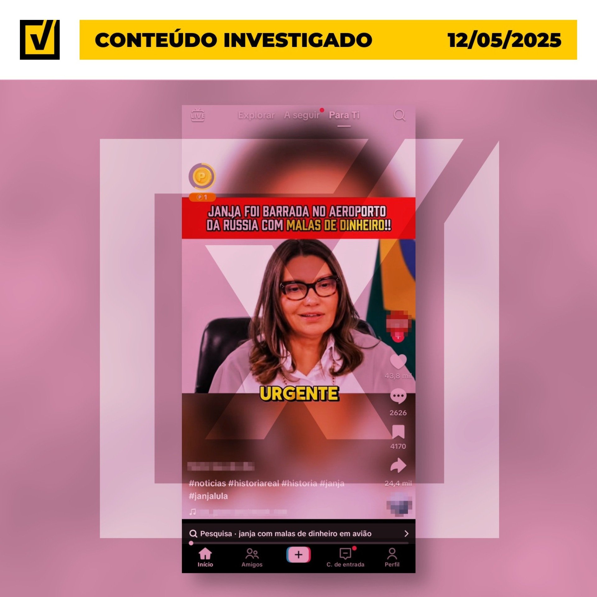 Postagens apontam que a primeira-dama Rosângela da Silva teria sido barrada em aeroporto na Rússia com 200 malas contendo cédulas de dinheiro. - (crédito: Reprodução/Comprova) Postagens apontam que a primeira-dama Rosângela da Silva teria sido barrada em aeroporto na Rússia com 200 malas contendo cédulas de dinheiro. - (crédito: Reprodução/Comprova)
