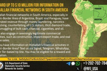 Governo americano propõe recompensa e realocação a quem fornecer informações sobre atividades financeiras do grupo libanês Hezbollah na fronteira entre Brasil, Paraguai e Argentina -  (crédito: Reprodução/X)