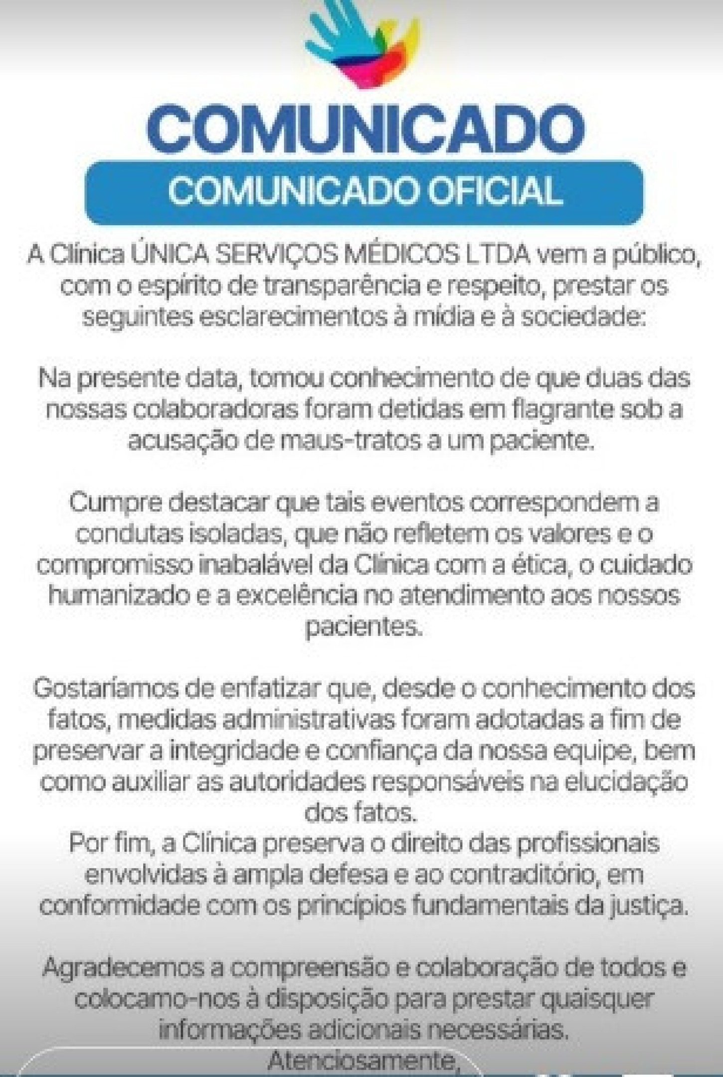 Menino autista é arrastado pelos pés em clínica e funcionárias são presas 2 Manifestação da clínica Unica Kids após caso de maus-tratos com menino autista - Imagem: Unica Kids