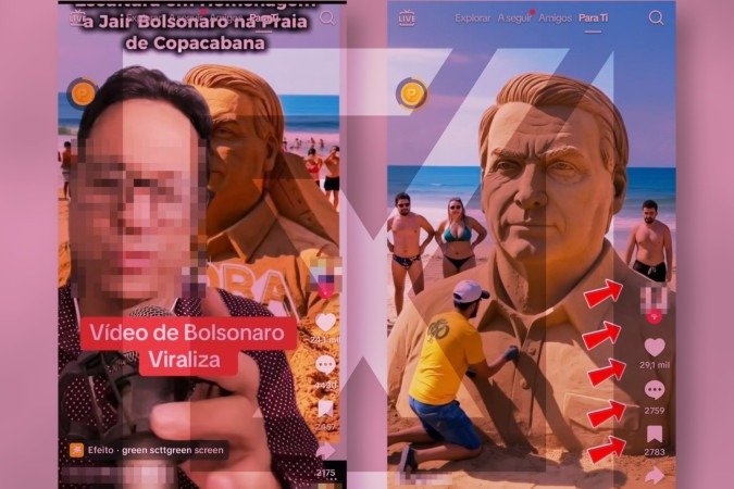 Vídeos que mostram um homem de boné construindo uma escultura de areia do ex-presidente Jair Bolsonaro (PL) foram criados com inteligência artificial (IA). - (crédito: Reprodução/Comprova) Vídeos que mostram um homem de boné construindo uma escultura de areia do ex-presidente Jair Bolsonaro (PL) foram criados com inteligência artificial (IA). - (crédito: Reprodução/Comprova)