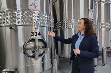 Ana Maria De Paris Possamai, gerente de turismo da Cooperativa Vinícola Aurora, mostra os tanques de aço que estão substituindo as pipas de madeira
