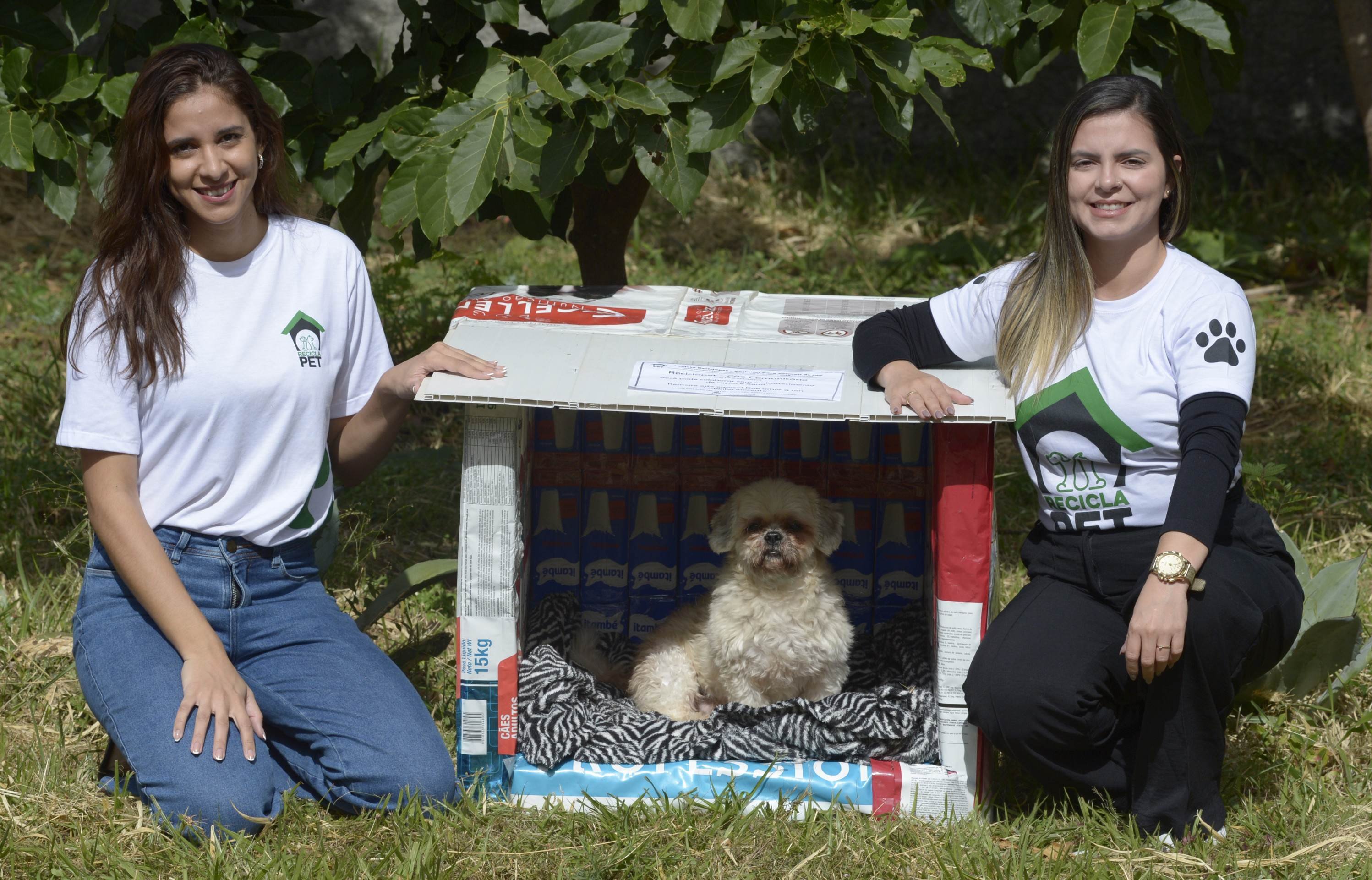  28/05/2025 Crédito: Marcelo Ferreira/CB/D.A Press. Brasil. Brasília - DF - Iniciativas que acolhem e apoiam animais de rua em meio ao frio que assola o DF nos últimos dias. Jessica Albuquerque (calça preta) e Jessika Nayara fazem casinhas para abrigo com caixas de leite.