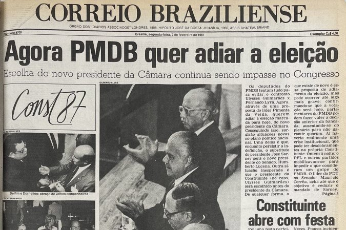  Capa do jornal Correio Braziliense de 02 de fevereiro de 1987, com a sessão de instalação da Assembleia Nacional Constituinte, no plenário da Câmara dos Deputados.  -  (crédito:  Reprodução/Arquivo Correio Braziliense)