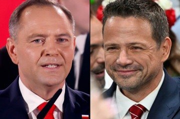 Rafal Trzaskowski, prefeito de Varsóvia, e o historiador nacionalista Karol Nawrocki ficaram empatados, neste domingo (1º), no segundo turno das eleições presidenciais na Polônia, mostrou uma pesquisa de boca de urna.  -  (crédito: Wojtek RADWANSKI e Sergei GAPON / AFP)