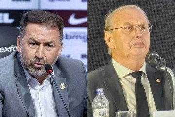 Augusto Melo, afastado da presidência do clube, foi ao Parque São Jorge para se autoproclamar reconduzido ao cargo, ocupado por Osmar Stábile, seu vice -  (crédito: Reprodução/X/Corinthians e Rodrigo Coca/Agência Corinthians)