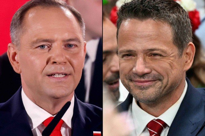 Rafal Trzaskowski, prefeito de Varsóvia, e o historiador nacionalista Karol Nawrocki ficaram empatados, neste domingo (1º), no segundo turno das eleições presidenciais na Polônia, mostrou uma pesquisa de boca de urna. - (crédito: Wojtek RADWANSKI e Sergei GAPON / AFP) Rafal Trzaskowski, prefeito de Varsóvia, e o historiador nacionalista Karol Nawrocki ficaram empatados, neste domingo (1º), no segundo turno das eleições presidenciais na Polônia, mostrou uma pesquisa de boca de urna. - (crédito: Wojtek RADWANSKI e Sergei GAPON / AFP)