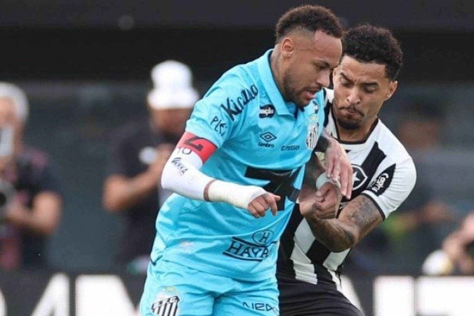 Neymar recebe a marcação de Gregore durante o duelo do Santos como Botafogo, neste domingo, na Vila Belmiro - (crédito: Foto: Vitor Silva/Botafogo) Neymar recebe a marcação de Gregore durante o duelo do Santos como Botafogo, neste domingo, na Vila Belmiro - (crédito: Foto: Vitor Silva/Botafogo)
