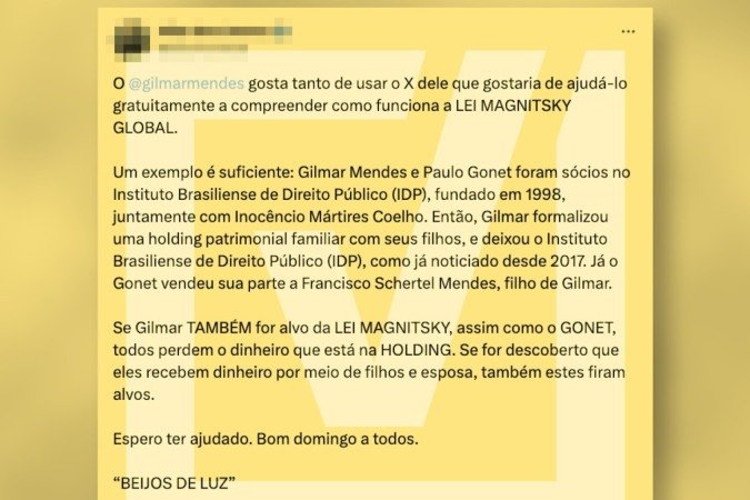 Diálogo entre o deputado americano Cory Mills e o secretário de Estado Marco Rubio, em que discutem a possibilidade de Washington aplicar sanções contra o ministro do Supremo Tribunal Federal (STF) Alexandre de Moraes com base na Lei Magnitsky. - (crédito: Reprodução/Comprova) Diálogo entre o deputado americano Cory Mills e o secretário de Estado Marco Rubio, em que discutem a possibilidade de Washington aplicar sanções contra o ministro do Supremo Tribunal Federal (STF) Alexandre de Moraes com base na Lei Magnitsky. - (crédito: Reprodução/Comprova)