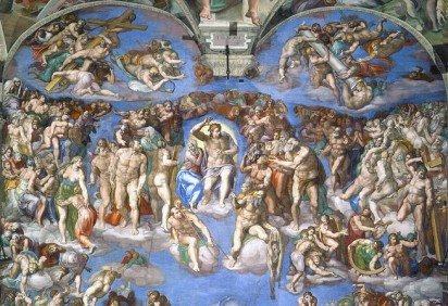 O "Juízo Final", pintado na parede da capela entre 1535 e 1541, é um dos marcos da cultura do Ocidente. Com 13,7m por 12,2m, traz uma concepção única da justiça divina, com Cristo na parte central, entre eleitos e condenados. Mortos ressuscitam e anjos tocam trombetas. Uma composição apoteótica. -  (crédito: Domínio Públoico ) -O "Juízo Final", pintado na parede da capela entre 1535 e 1541, é um dos marcos da cultura do Ocidente. Com 13,7m por 12,2m, traz uma concepção única da justiça divina, com Cristo na parte central, entre eleitos e condenados. Mortos ressuscitam e anjos tocam trombetas. Uma composição apoteótica. -  (crédito: Domínio Públoico )