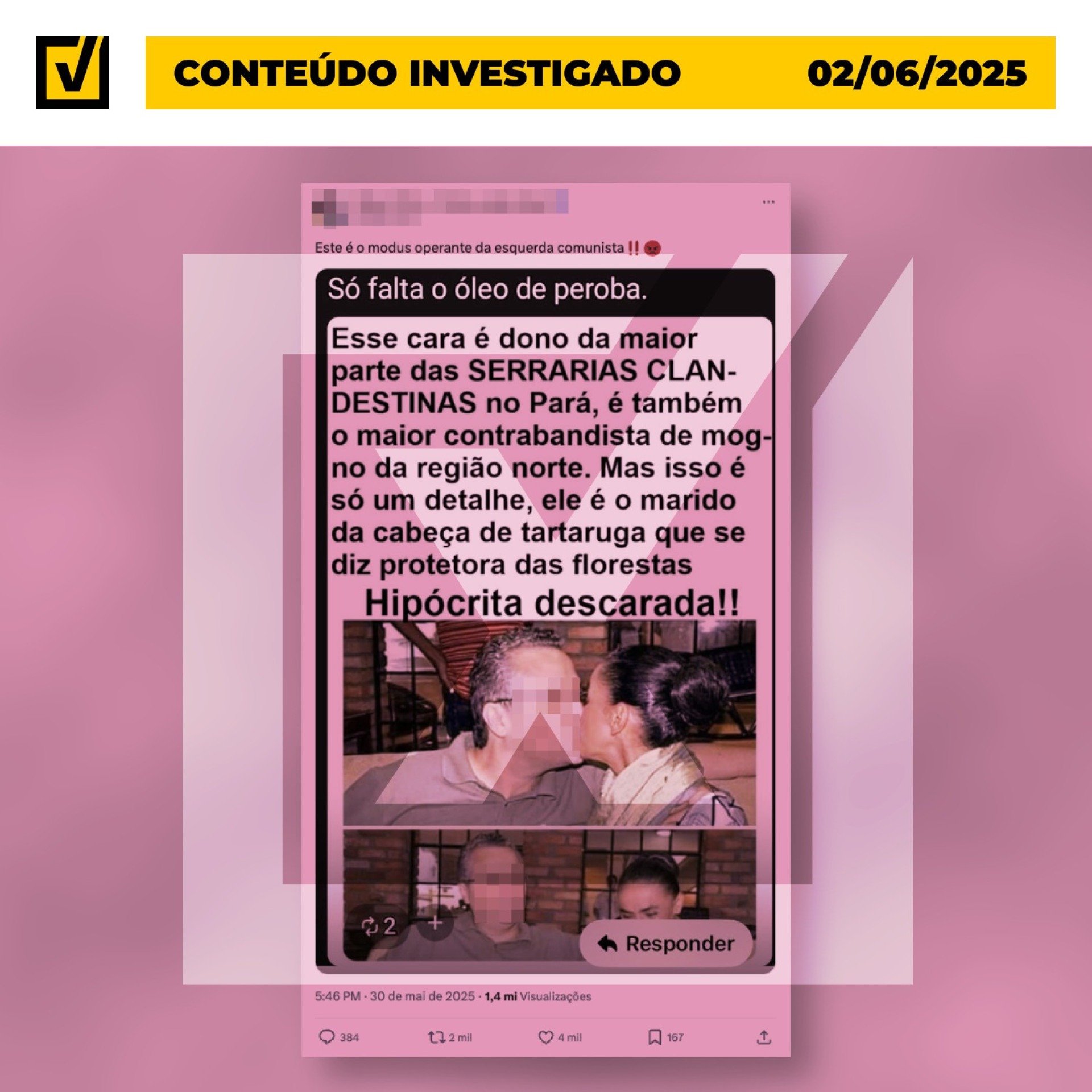 Não há provas de que Fábio Vaz de Lima, marido da ministra do Meio Ambiente e Mudança do Clima, Marina Silva, seja dono de serrarias clandestinas no Pará ou esteja envolvido com contrabando de mogno na região Norte - (crédito: Reprodução/Comprova ) Não há provas de que Fábio Vaz de Lima, marido da ministra do Meio Ambiente e Mudança do Clima, Marina Silva, seja dono de serrarias clandestinas no Pará ou esteja envolvido com contrabando de mogno na região Norte - (crédito: Reprodução/Comprova )