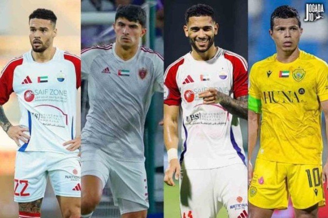Marcus Meloni, Lucas Pimenta, Luanzinho e Fabio Lima, quatro dos sete brasileiros naturalizados que defendem os Emirados Árabes - (crédito: Fotos: Divulgação da federação dos Emirados Árabes) Marcus Meloni, Lucas Pimenta, Luanzinho e Fabio Lima, quatro dos sete brasileiros naturalizados que defendem os Emirados Árabes - (crédito: Fotos: Divulgação da federação dos Emirados Árabes)