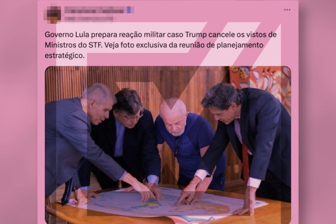 Foto em que o presidente Luiz Inácio Lula da Silva (PT) aparece com outras pessoas em torno de uma mesa apontando para um mapa-múndi foi tirada em visita ao Instituto Brasileiro de Geografia e Estatística (IBGE) em 30 de maio - (crédito: Reprodução/Comprova) Foto em que o presidente Luiz Inácio Lula da Silva (PT) aparece com outras pessoas em torno de uma mesa apontando para um mapa-múndi foi tirada em visita ao Instituto Brasileiro de Geografia e Estatística (IBGE) em 30 de maio - (crédito: Reprodução/Comprova)