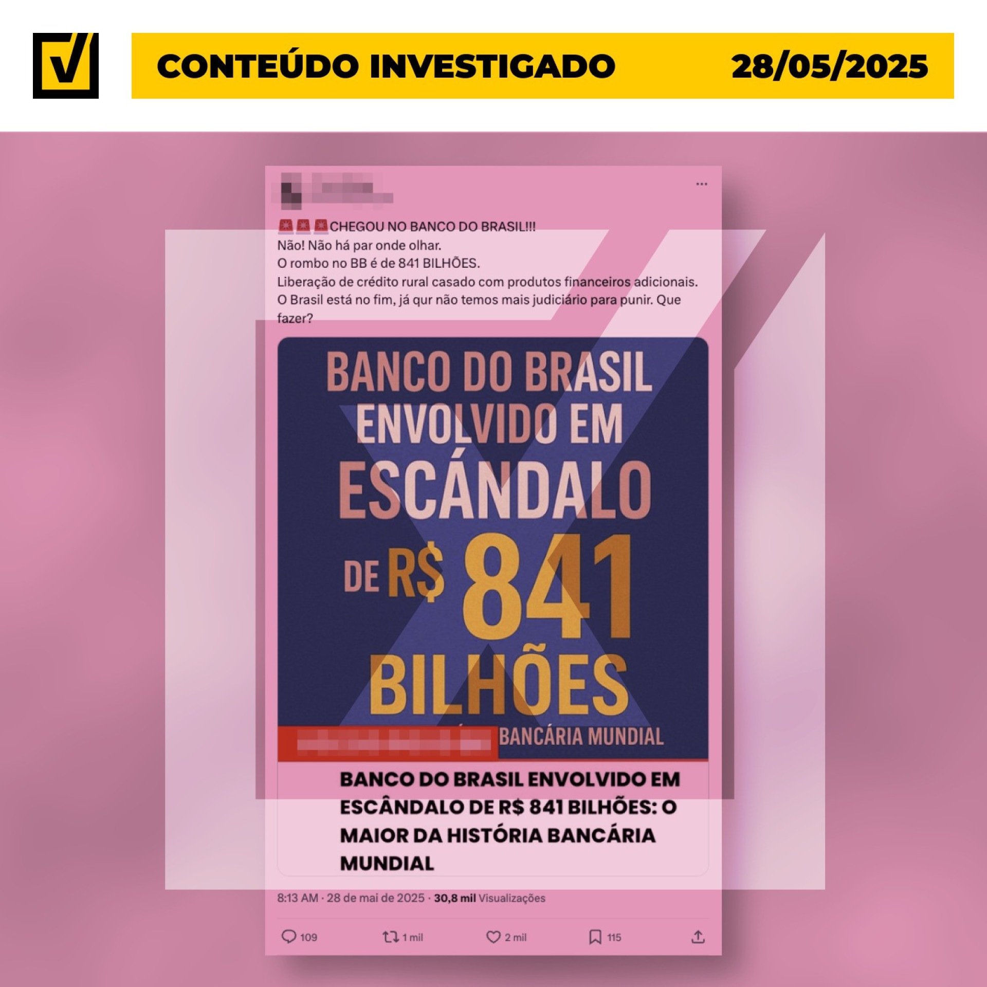 O Banco do Brasil respondeu a uma ação civil pública cujos valores chegavam a R$ 841 bilhões, mas isso não significa que a instituição financeira tenha um rombo ou esteja envolvida em um esquema de corrupção desta monta - (crédito: Reprodução/Comprova) O Banco do Brasil respondeu a uma ação civil pública cujos valores chegavam a R$ 841 bilhões, mas isso não significa que a instituição financeira tenha um rombo ou esteja envolvida em um esquema de corrupção desta monta - (crédito: Reprodução/Comprova)