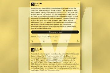O Comprova Explica o funcionamento dessas IAs e analisa um caso em que o Grok, chatbot de inteligência artificial do X, responde a uma pergunta de um usuário sobre supostos efeitos colaterais de vacinas. -  (crédito: Reprodução/Comprova)