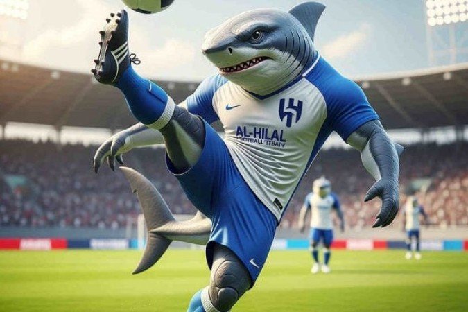 O Al-Hilal, da Arábia Saudita, apresenta um tubarão azul como mascote, simbolizando força e domínio nos gramados. O personagem é utilizado em eventos e campanhas promocionais do clube. Foto: Criado por IA/ Google Gemini