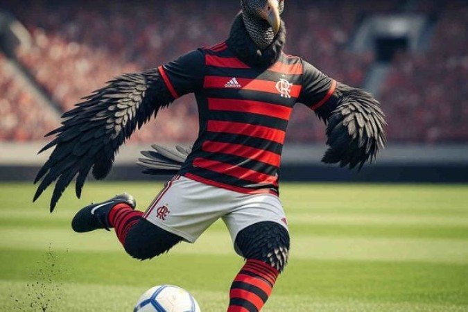 No Grupo D, começamos pelo Flamengo. O Urubu passou a ser a mascote do Mengão desde 1969, quando torcedores levaram um animal ao Maracanã antes de jogo contra o Botafogo. No fim, o Rubro-Negro venceu por 2 a 1, ressignificando o animal, que foi adotado de vez como mascote. Foto: Criado por IA/ Google Gemini