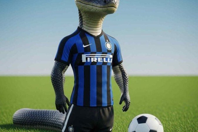 A mascote da Inter de Milão é o Biscione, uma serpente azul estilizada que representa não apenas o clube, mas também a cidade de Milão. Embora não seja uma mascote tradicional no estilo de personagens infantis, o Biscione é um dos símbolos mais emblemáticos do futebol italiano. Foto: Criado por IA/ Google Gemini