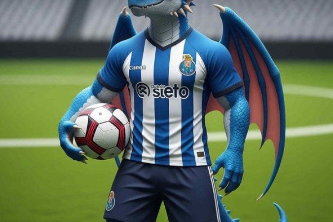 O Porto tem o dragão Draco como sua mascote. Ela personifica o espírito do dragão e é uma figura querida entre os torcedores do clube. Com mais de 100 mil seguidores no Instagram, Draco é uma sensação nas redes sociais. Foto: Criado por IA/ Google Gemini