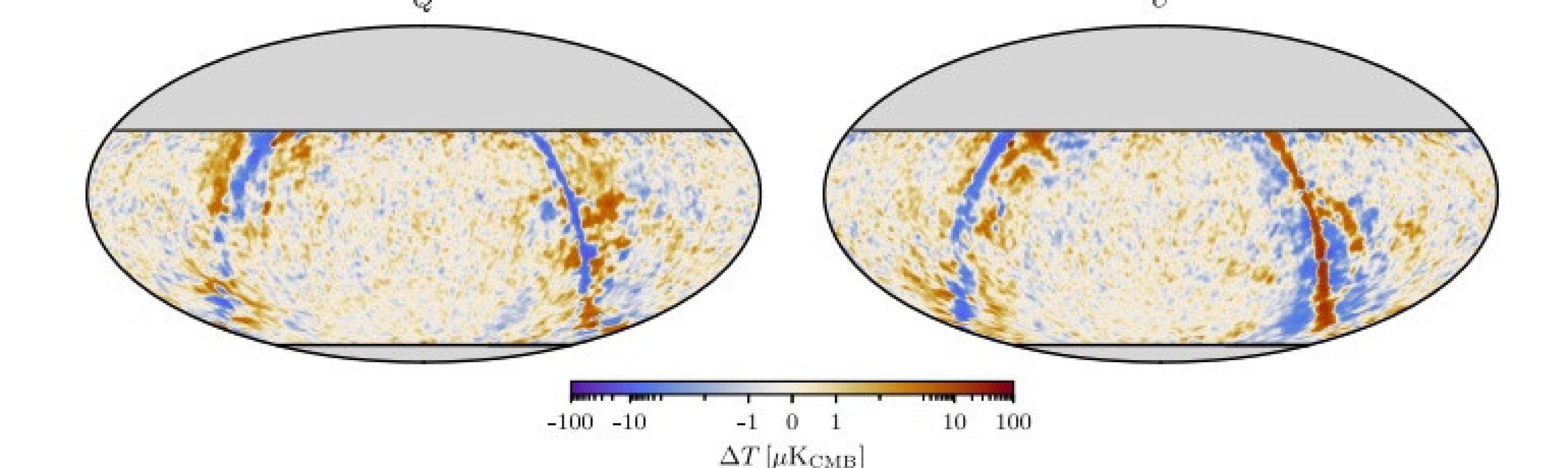 Mapas de polarização linear CLASS 90 GHz mostrados em coordenadas celestes sob projeção. Regiões em cinza indicam partes do céu não mapeadas pela Class