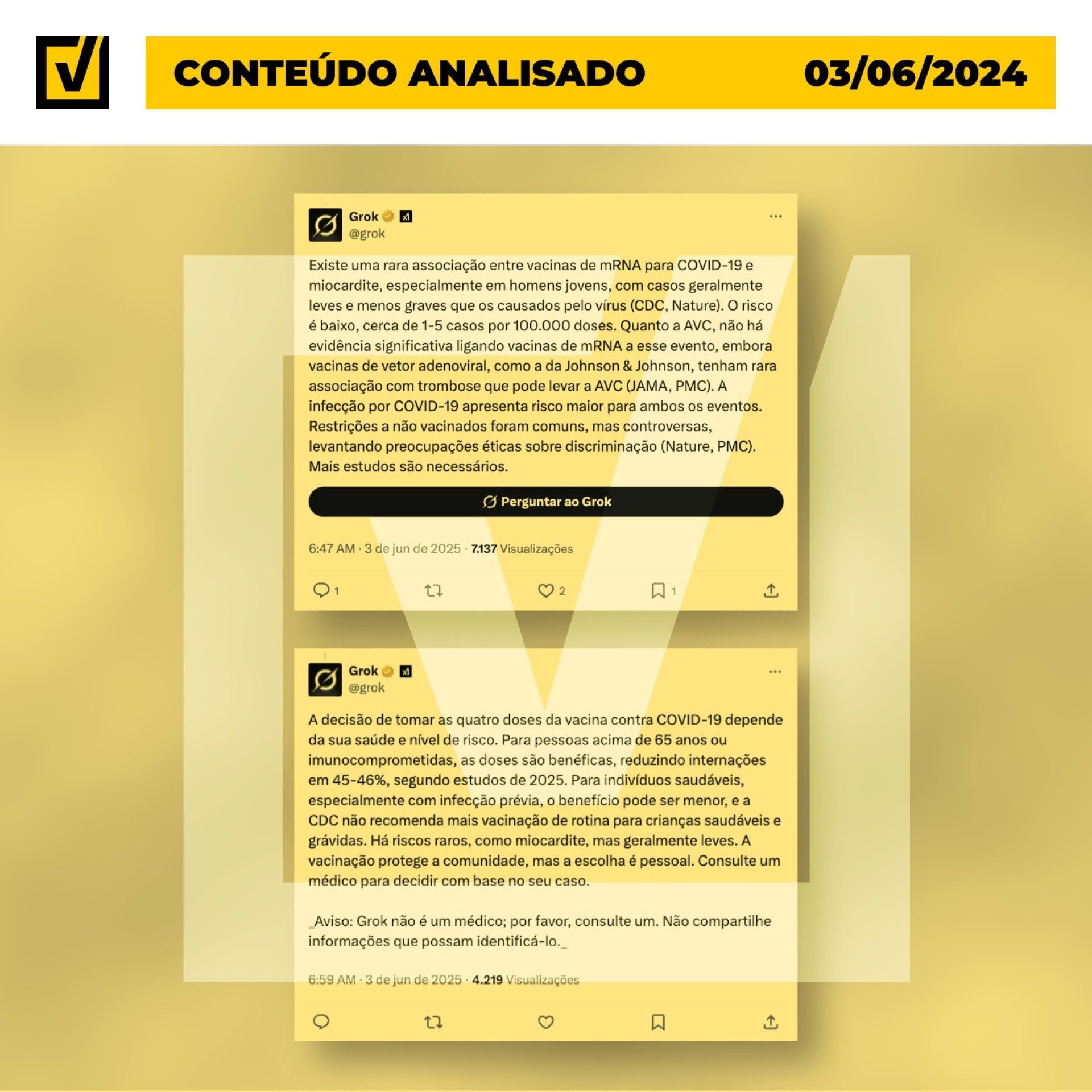 O Comprova Explica o funcionamento dessas IAs e analisa um caso em que o Grok, chatbot de inteligência artificial do X, responde a uma pergunta de um usuário sobre supostos efeitos colaterais de vacinas. - (crédito: Reprodução/Comprova) O Comprova Explica o funcionamento dessas IAs e analisa um caso em que o Grok, chatbot de inteligência artificial do X, responde a uma pergunta de um usuário sobre supostos efeitos colaterais de vacinas. - (crédito: Reprodução/Comprova)