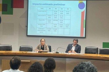 Subsecretária de Tributação e Contencioso da Receita Federal, Cláudia Pimentel, e subsecretário de Reformas Microeconômicas e Regulação Financeira, Vinicius Brandi, em briefing técnico à imprensa -  (crédito: Wal Lima/CB/DA.Press)